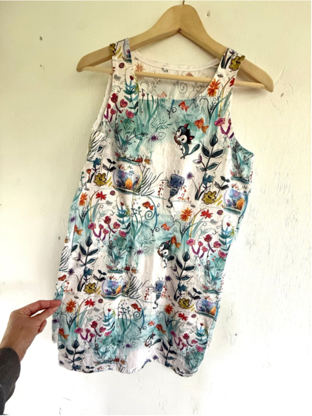 Whimsical Cat & Fishbowl Watercolor Print Tank Dress Small/Medium
